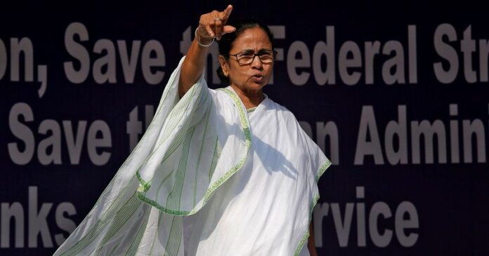 Mamata Banerjee, Chief Minister of the state of West Bengal, gestures during a sit-in in Kolkata